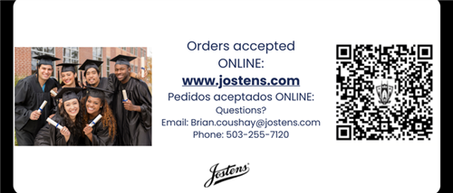 Jostens marketing materials with a QR code for ordering a cap, gown, and other graduation materials.